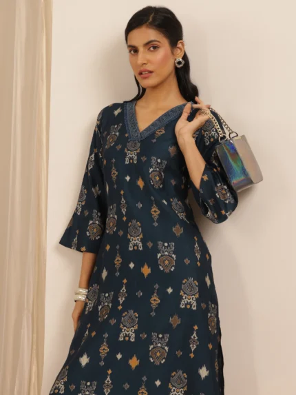 Navy Blue Printed Silk Blend Co-Ord Sets
