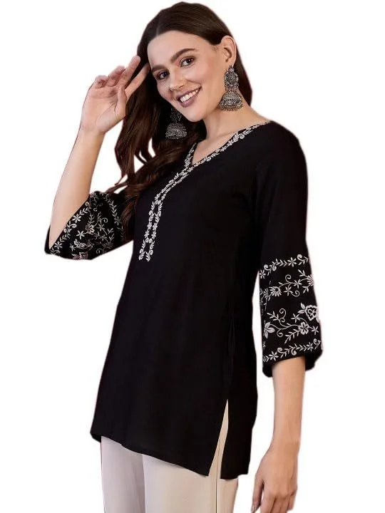 417aCFXarKL.webp Short Kurti for Women | Indian Women's Tunics Tops | Rayon Top with 3/4 Designer Sleeves | Kurta Shirt Top for Ladies - Image 1
