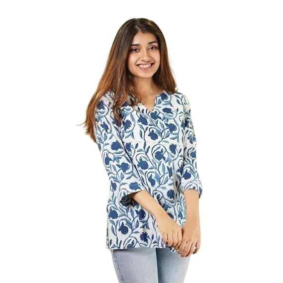 41a2rTcHfJL.webp Indian Women's Tunics Tops Cotton Hand Block Printed Short Kurti Kurta Shirt Top for Women - Image 1