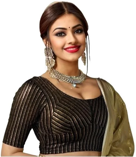51RwjJgay3L.webp Jacquard Striped Stretchable Fit & Comfy Round Neck Half Sleeve Readymade Saree Blouse Stylish Crop Top Choli for Girls & Women - Image 1