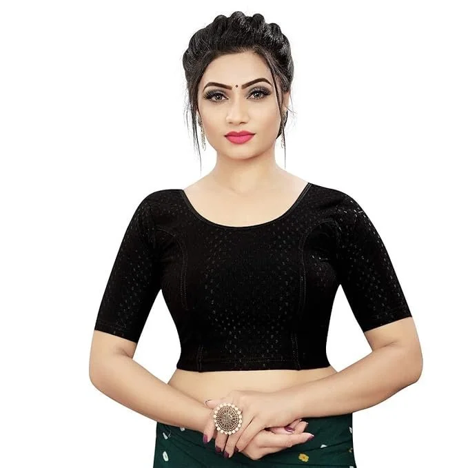 61-6JGoBmQL._SX679_.webp Round Neck Dobby Cotton Lycra Stretchable Elbow Sleeve Readymade Saree Blouse for Women Stylish (Free Size) - Image 1