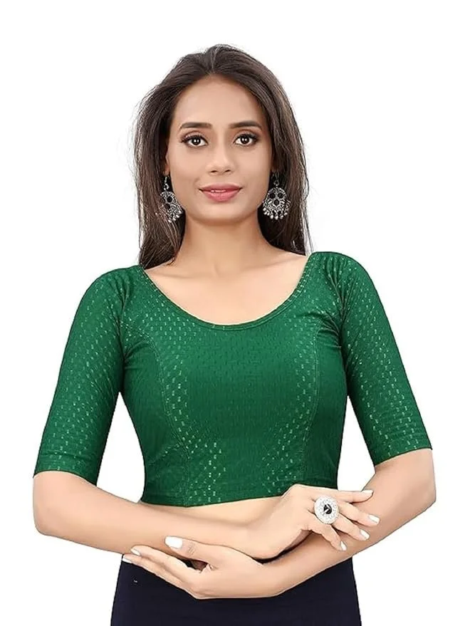 61-8Q4yzMhL._SY879_.webp Round Neck Dobby Cotton Lycra Stretchable Elbow Half Sleeve Readymade Saree Blouse for Women Stylish - Image 1