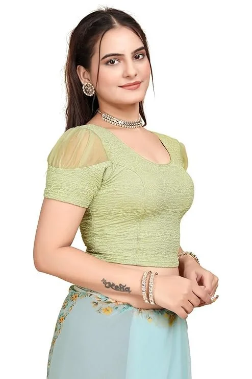 61h-b5MMAZL._SY741_.webp Short Sleeve with Organza Patch Sleeve Readymade Saree Blouse for Women Stylish - Image 1