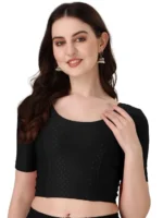 Round Neck Dobby Cotton Lycra Stretchable Elbow Sleeve Readymade Saree Blouse for Women