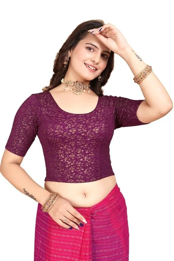 61jmc-TQCNL._SY879_.webp Round Neck Jacquard Elbow Sleeve Readymade Saree Blouse for Women Stylish - Image 1