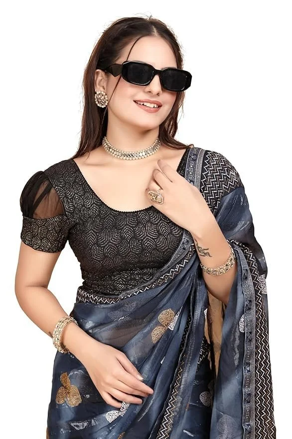 714kM4flN9L._SY879_.webp Round Neck Dobby Cotton Lycra Stretchable Elbow Half Sleeve Readymade Saree Blouse for Women Stylish - Image 1