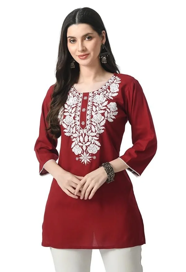 71oOswu1UQL._SY879_.webp Kurti for Women - Short Chikankari Kurtis for Girls, Lakhnawi Tunic Top Kurta Design for Ladies, Woman Ethnic Kurthis & Shirt with Sleeve, Plain Straight Embroidery for Office - Image 1