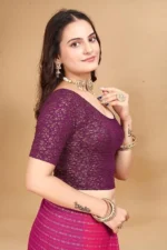Round Neck Jacquard Elbow Sleeve Readymade Saree Blouse for Women Stylish - Image 4